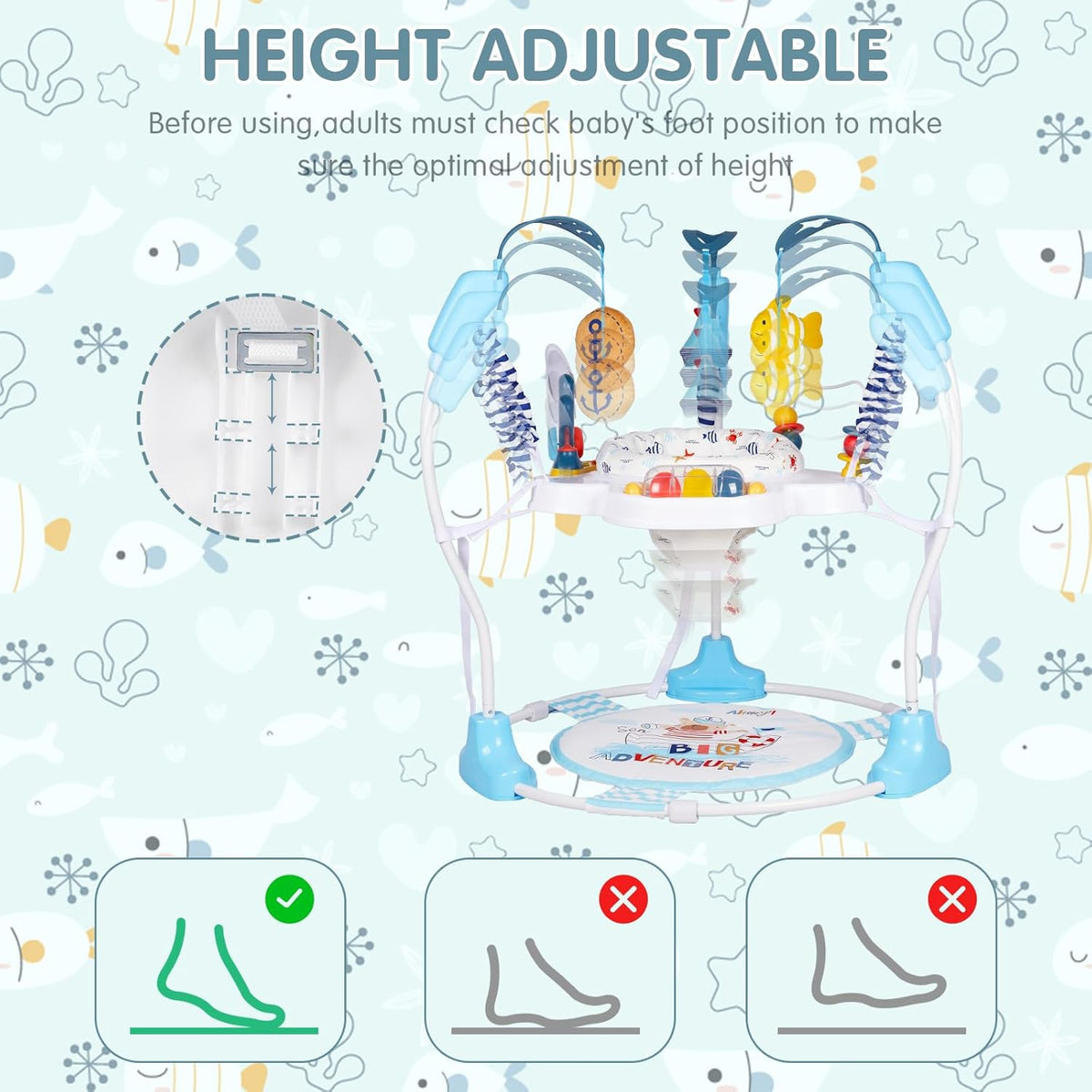 JP2401 Baby Activity Center 3-in-1 Baby Activity Center with 360° Rotating Seat, Music, Lighting, 3 Adjustable Heights, Children's Activity Bridge for More - QUORE