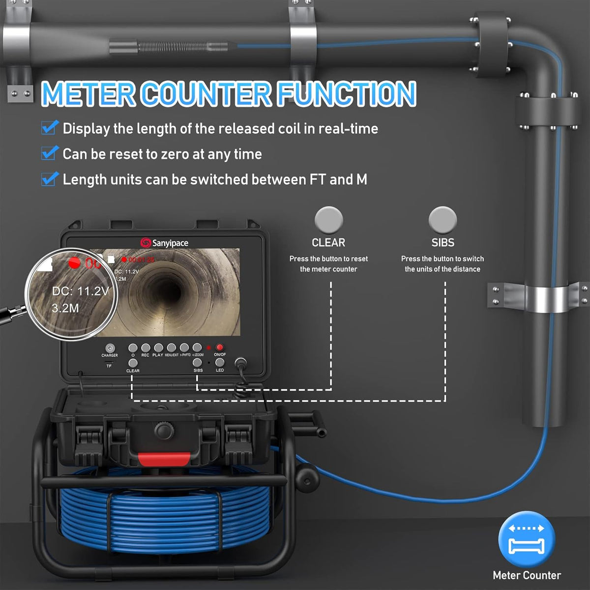 Sanyipace Inspectiecamera voor buizen 30 m, buisinspectiecamera met DVR, IP68, waterdicht, kleurenscherm van 9 inch met afstandsmeter, professionele videoinspectie