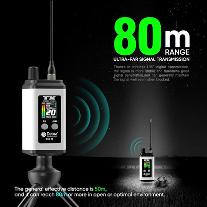 Debra EST-12 Draadloos In-Ear Monitoring Systeem met 2 Ontvangers, UHF Signaal (20 Kanelen), 0 Latentie, 80m Bereik en Metaalbehuizing voor Podium & Studio Wit