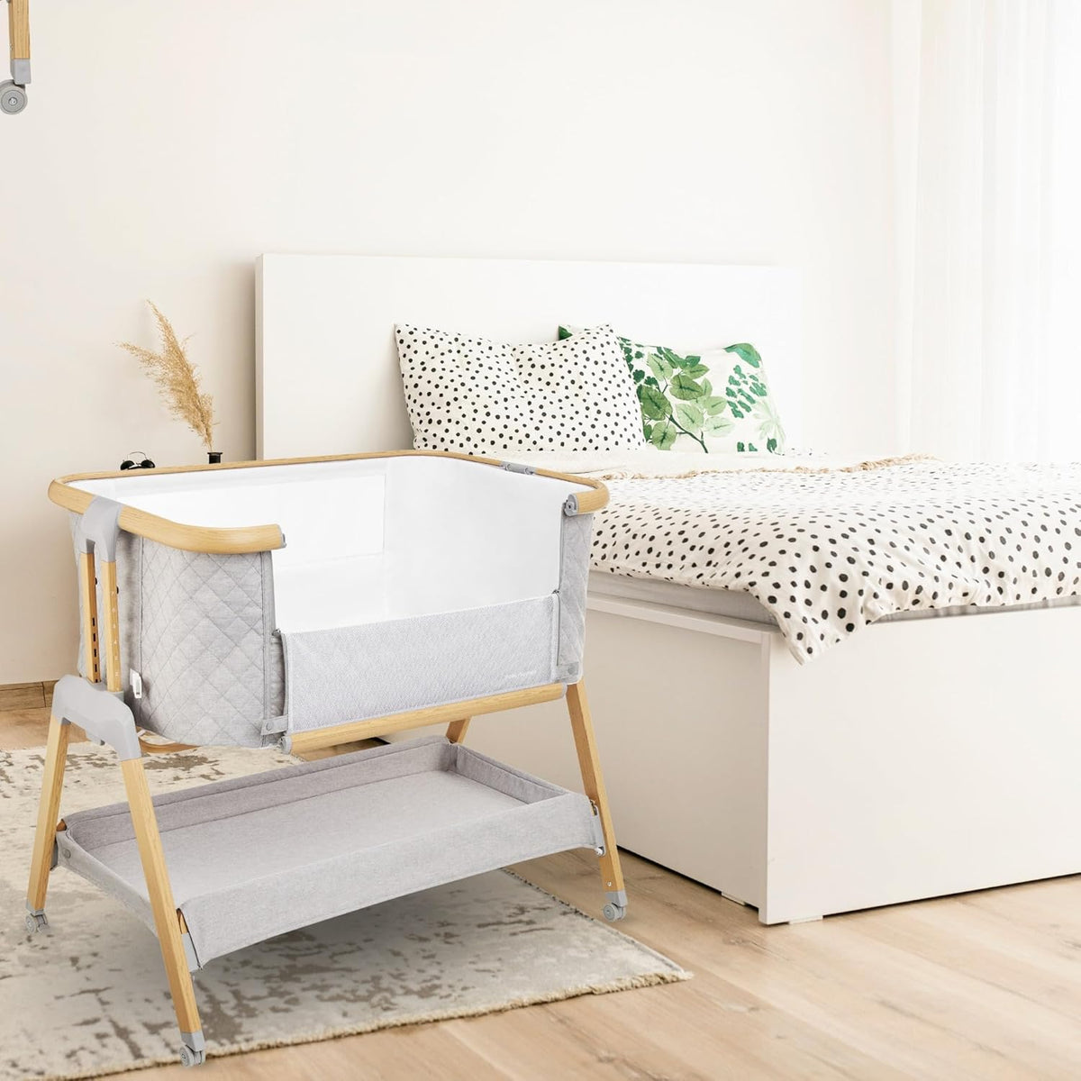 Moby-System, Dreemy 3-in-1 opklapbed, voor kinderen tot 9 kg, 7-traps hoogteverstelling, 4 transportwielen, afneembare zijwand, plank onder het bed