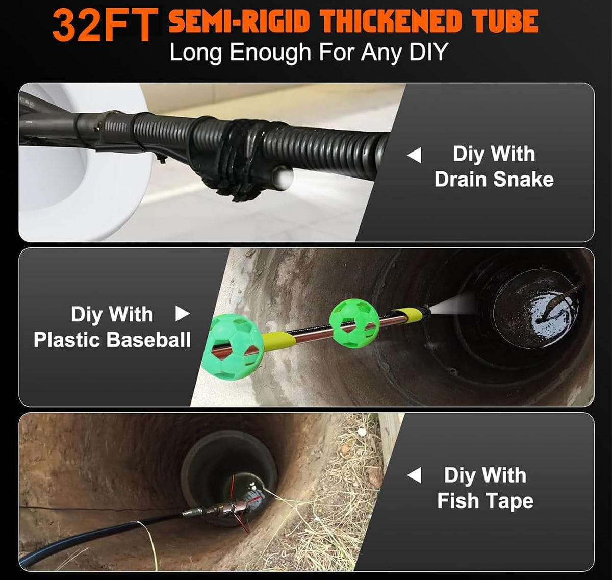 Triple Lens Inspectiecamera 32FT, 5 '' IPS-scherm 1080P HD 8 mm endoscoop inspectiecamera met verlichting, waterdichte drainage Borescope voor rioolbuis Sanitair Snake Semi-rigide kabel