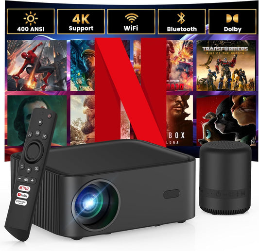 HOPVISION Mini beamer, Netflix officieel & Dolby audio met BT spreker, 15000 liter, Full HD 1080P, wifi, bluetooth, draagbare beamer, 4K thuisbioscoop, compatibel met YouTube/Prime