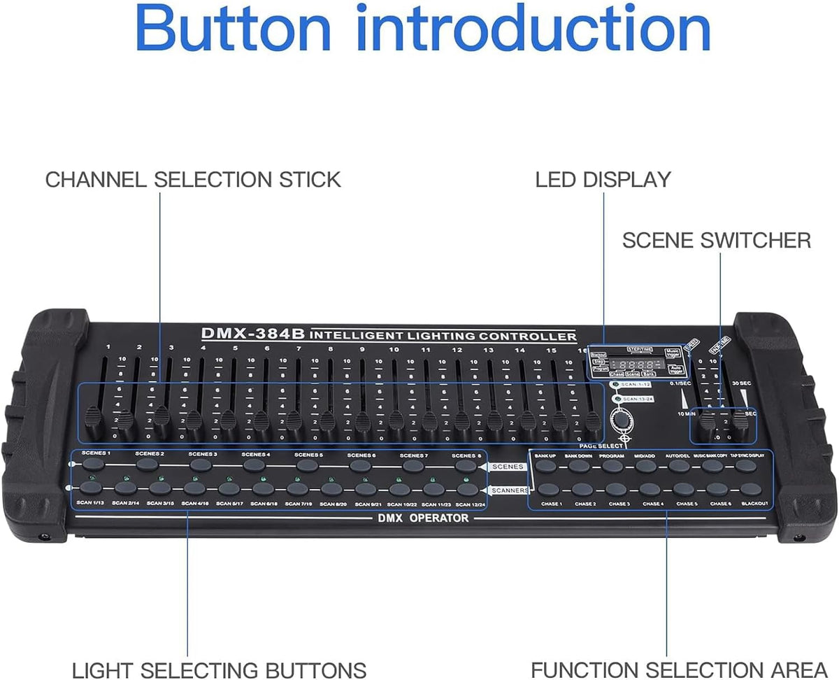 384-Kanaals DMX512-Bedieningspaneel – Lichttafel – DMX-Controller – Lichtconsole – Verlichtingscontroller – 30 Banken Met 240 Scènes – 6 Chases Met Fade-Tijd