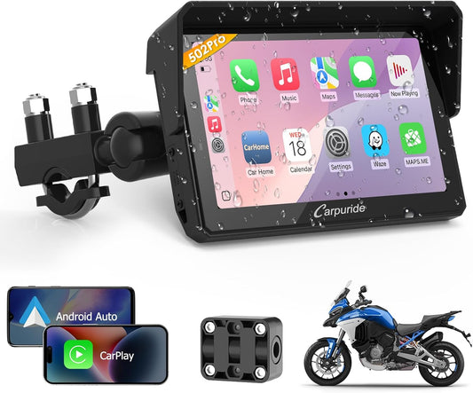 Motorfietsnavigatie – GPS Scherm – Motorfiets GPS – Navigatiesysteem – Telefoonhouder – 5 Inch Waterdicht Touchscreen – Draadloze CarPlay & Android Auto – Dual Bluetooth & Intercom
