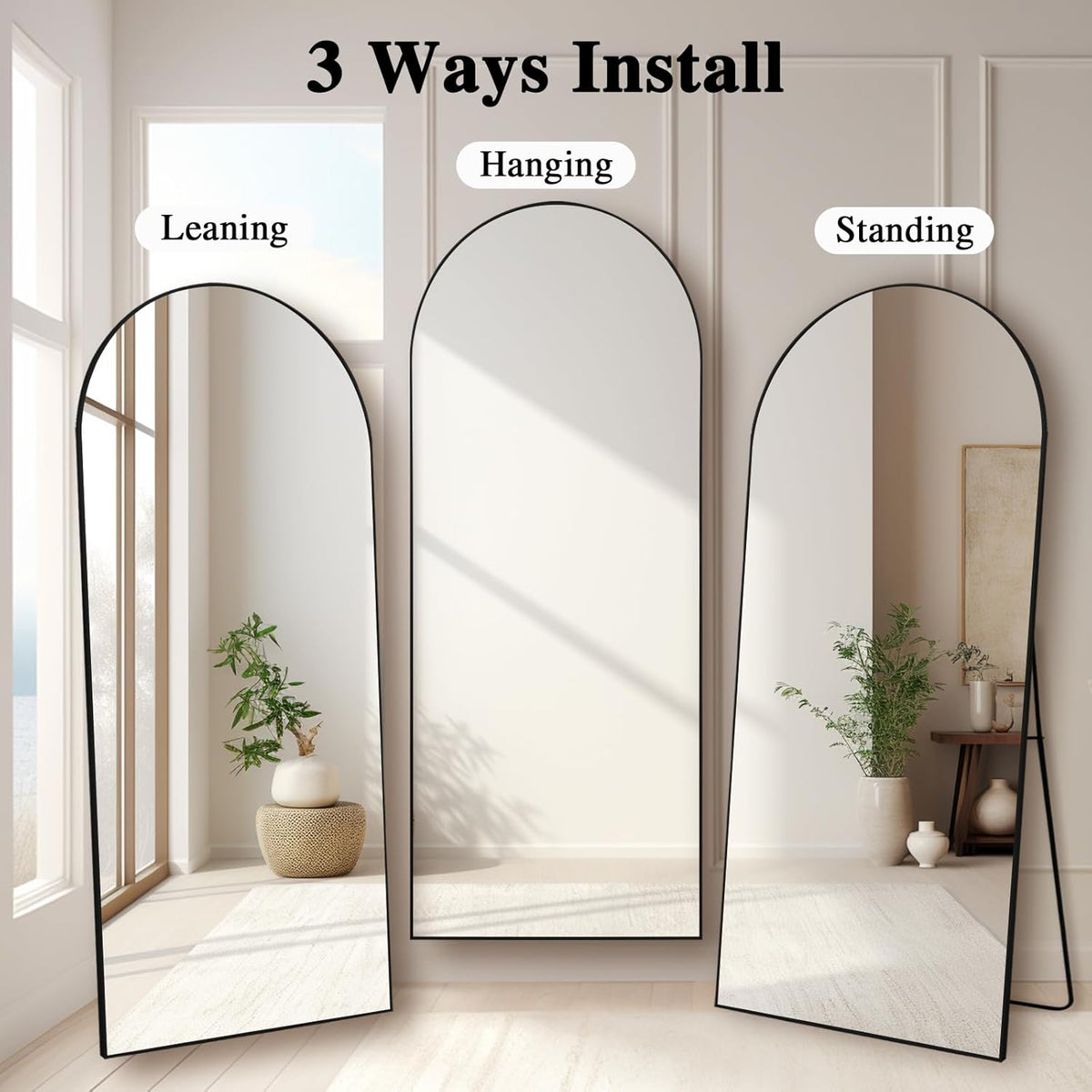 Grote Staande Spiegel – Vloerspiegel – Full Body Spiegel – Staande Spiegel – Vrijstaande Spiegel – Boogvormig Design – 180 x 76 cm – Zwart Aluminium Frame Met Goudkleurige Rand