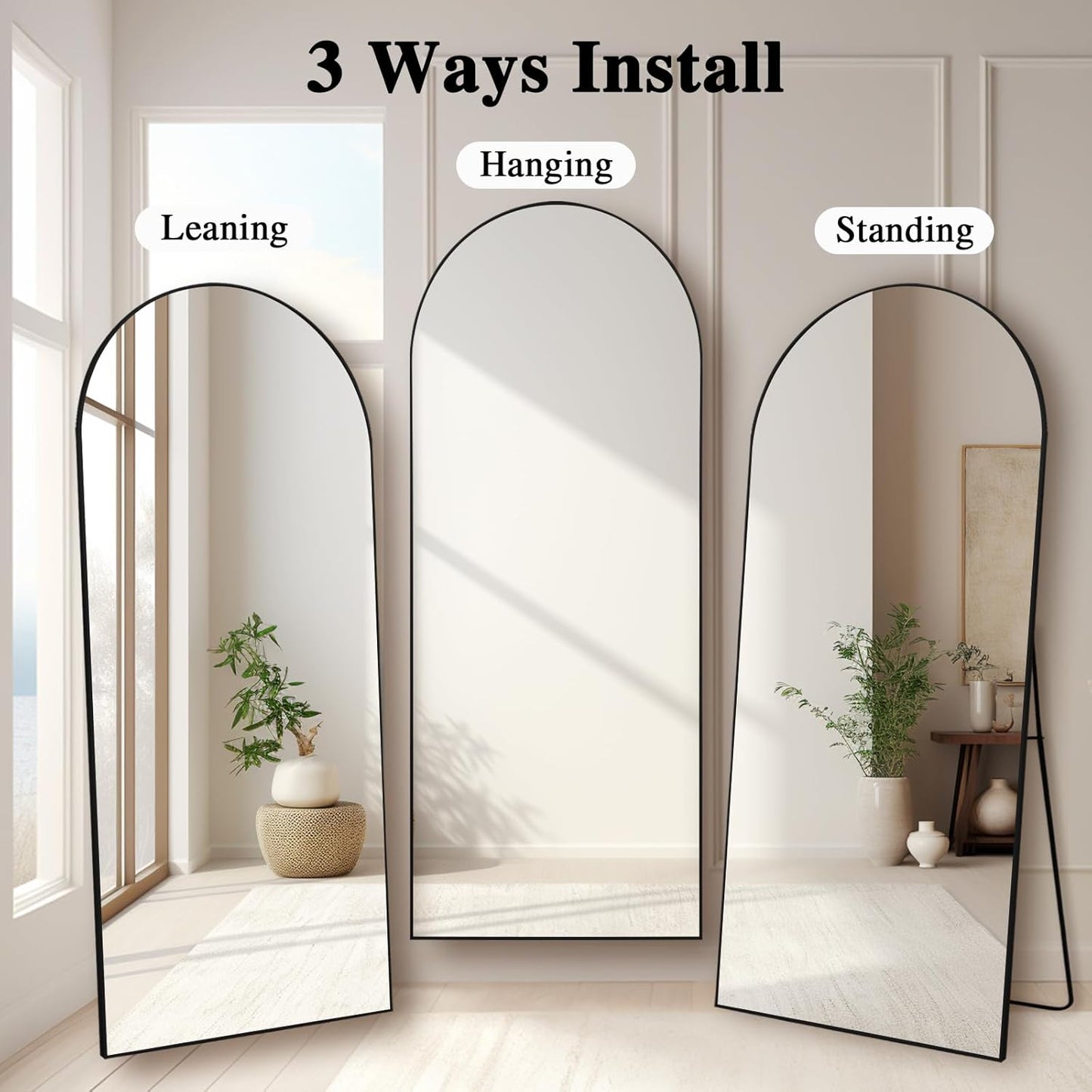 Grote Staande Spiegel – Vloerspiegel – Wandspiegel – Full Body Spiegel – Staande Spiegel – Nano-Glas Schokbestendig – Zwart Aluminium Boogframe Goudkleurig 192x85 cm