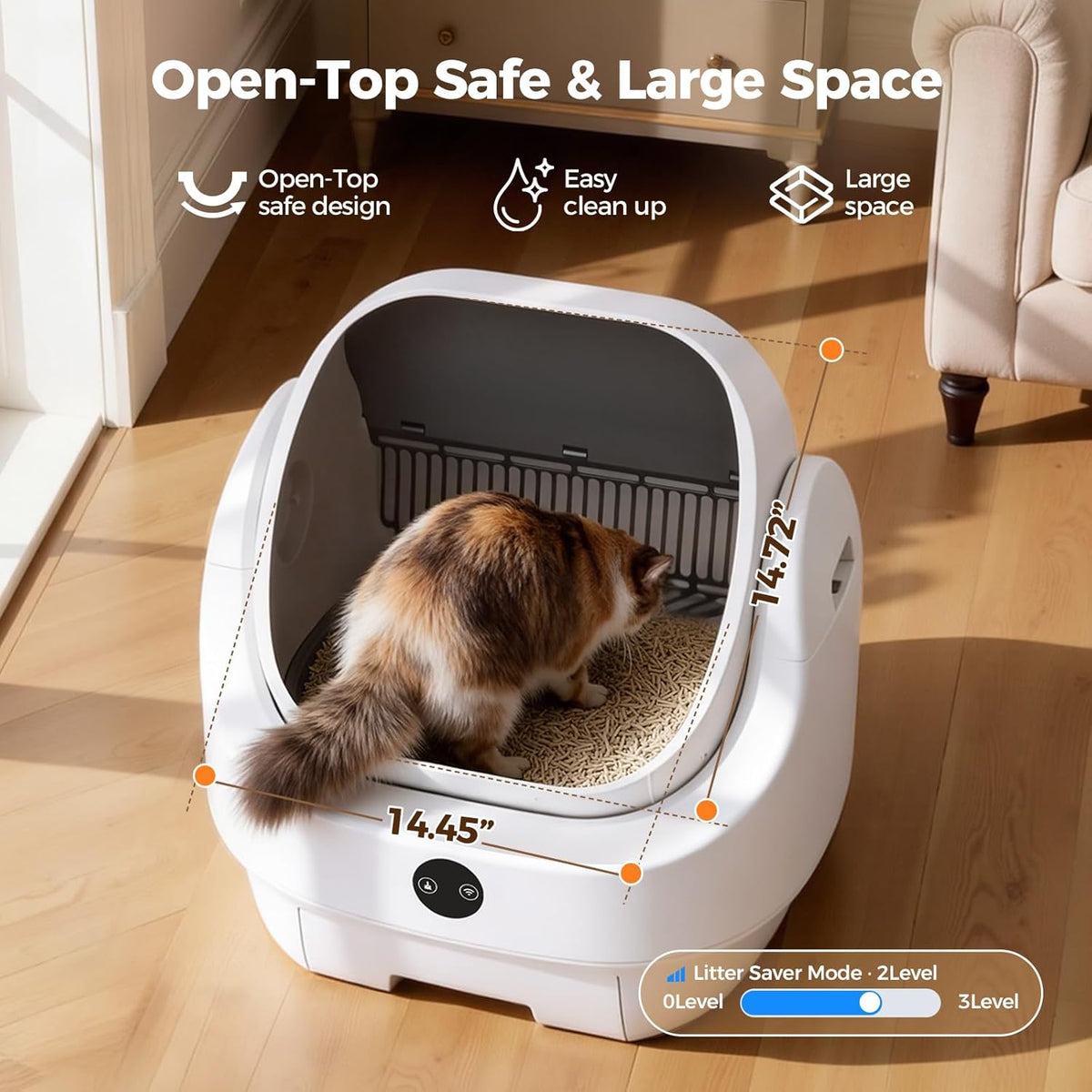 Open Top Zelfreinigende Kattenbak, Geurcontrole, Direct te Gebruiken, Grote Capaciteit met App-Besturing en Veiligheidssensor - Ellenpent, inclusief Afvalzakken, Waterdichte Mat en Kattenbakmat