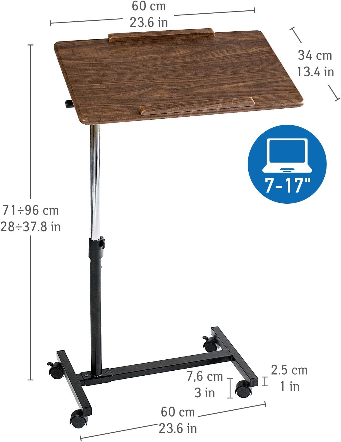 Tatkraft Gain Home Office Mobile Rolling Laptop Desk, Healthcare Overbed Bedside Table with Wheels, Suitable for 7-17" Laptops, Adjustable Height of 71-96cm, Tabletop 360° Rotatable and 160° Tilt - QUORE