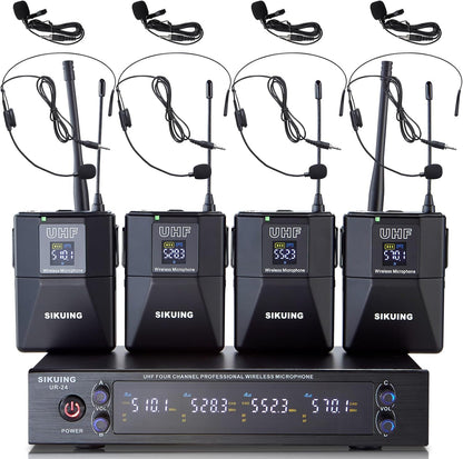 4-kanaals draadloos microfoonsysteem met lavalier- en headsetmicrofoons, 4x50 instelbare frequenties, ideaal voor karaoke, bijeenkomsten, kerk, 300 ft bereik (4 bodypacks)
