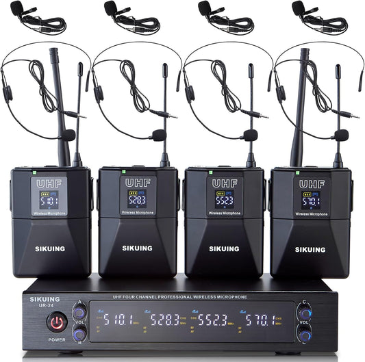 4-kanaals draadloos microfoonsysteem met lavalier- en headsetmicrofoons, 4x50 instelbare frequenties, ideaal voor karaoke, bijeenkomsten, kerk, 300 ft bereik (4 bodypacks)