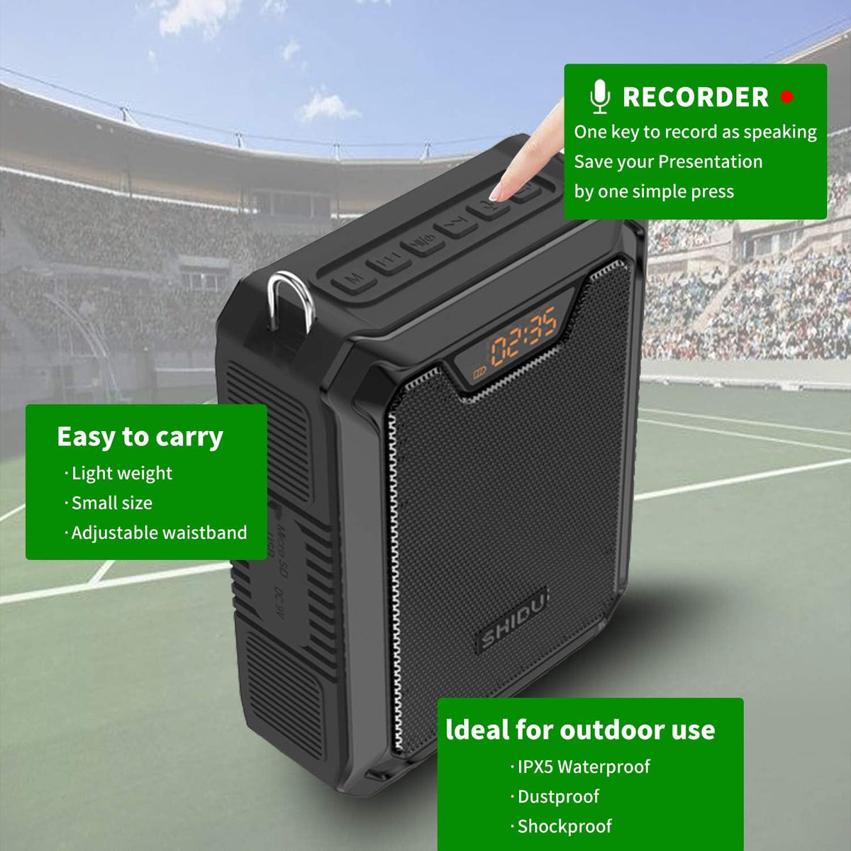 Stemversterker, SHIDU 30W Stemluidspreker Draagbare Bluetooth Luidspreker met UHF Draadloze Microfoon & Bedrade Microfoon Hoofdtelefoon IPX6 Waterdichte Oplaadbare PA-systeem voor Docenten, Tourgids