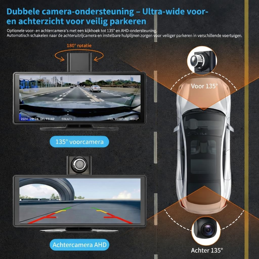 10.26 Inch Draadloos CarPlay Scherm & Android Auto Display - 4K Dashcam & 1080P Achteruitrijcamera - Draagbare Autoradio met Dual Bluetooth, FM, AUX & GPS Navigatie - Inbouwloos & Universeel