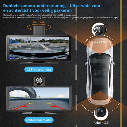 10.26 Inch Draadloos CarPlay Scherm & Android Auto Display - 4K Dashcam & 1080P Achteruitrijcamera - Draagbare Autoradio met Dual Bluetooth, FM, AUX & GPS Navigatie - Inbouwloos & Universeel