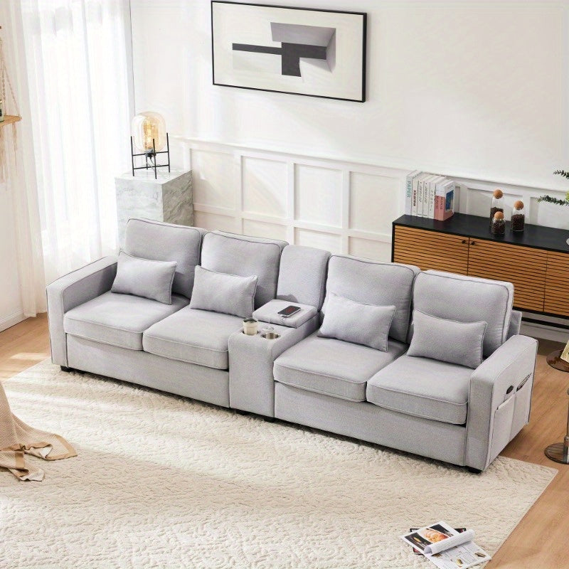 Bankstel – Hoekbank – 4-zitsbank – Slaapbank – Zitbank – Linnen Stoffering – Ingebouwde Console Met 2 Bekerhouders – Armleuning Met Opbergvakken – 4 Comfortabele Kussens – Duurzaam Gemengde Kleuren – Modern Minimalistisch Design
