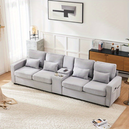 Bankstel – Hoekbank – 4-zitsbank – Slaapbank – Zitbank – Linnen Stoffering – Ingebouwde Console Met 2 Bekerhouders – Armleuning Met Opbergvakken – 4 Comfortabele Kussens – Duurzaam Gemengde Kleuren – Modern Minimalistisch Design