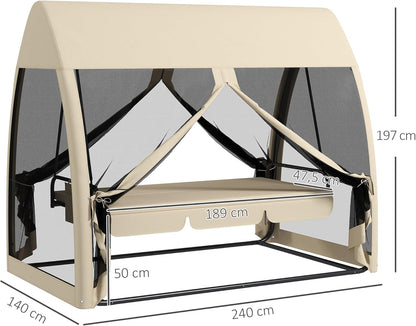 Outsuuny 2 in 1 Hollywoodschaukel mit Liegefunktion 3-Sitzer Gartenschaukel mit Baldachin, Mückennetz, Schaukelbank belast bis 300 kg, Gartenliege für Garten, Terrasse, 240 x 140 x 197 cm, Kaffee - QUORE