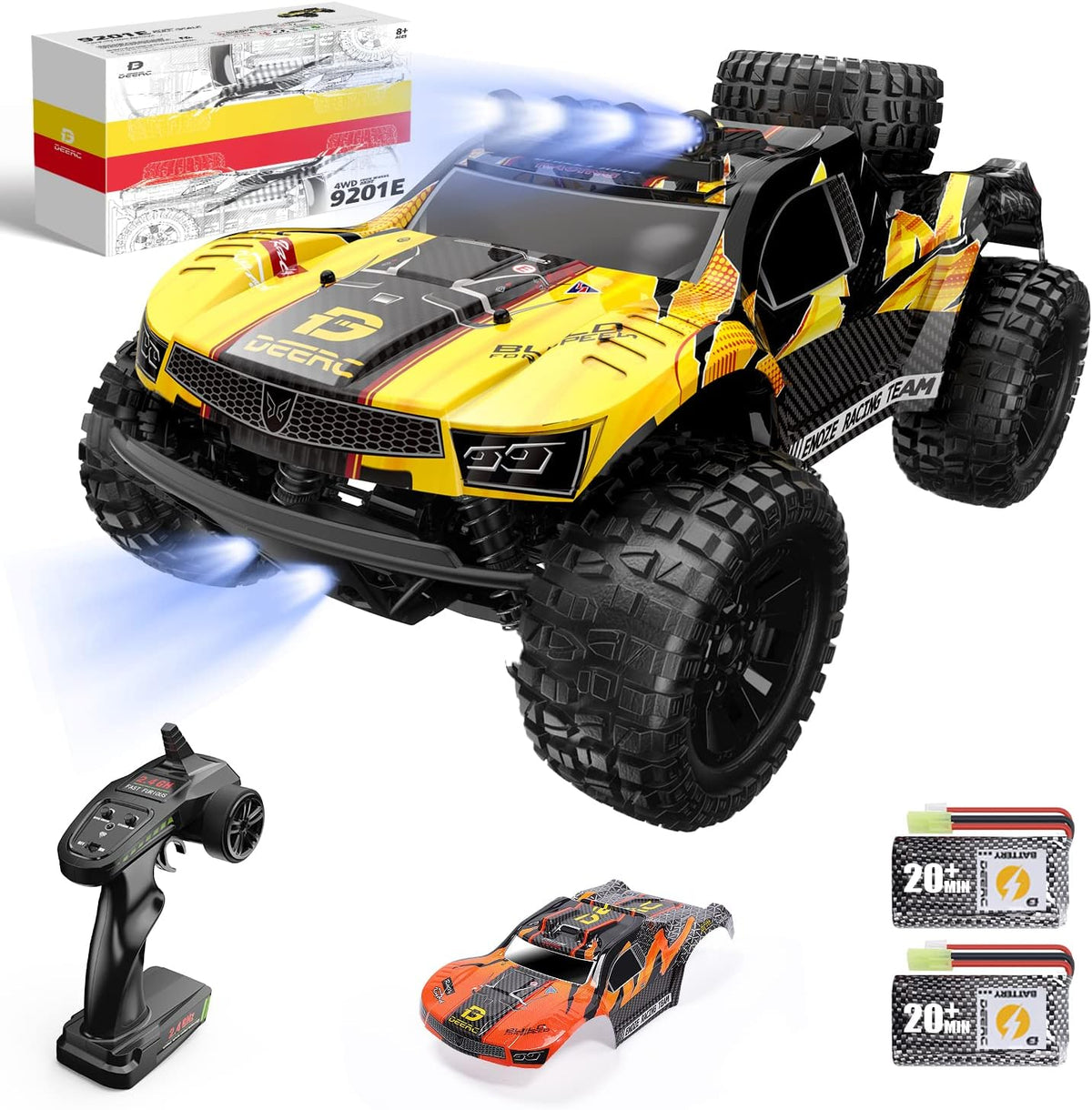 <font dir="auto" style="vertical-align: inherit;"><font dir="auto" style="vertical-align: inherit;">        DEERC Remote Control Car 1:10 with Lights RC Car 48km/h 4WD Off-Road Hobby-Grade Monster Crawler with 2 Batteries 40 Minutes Runtime, 2 Car Shells,