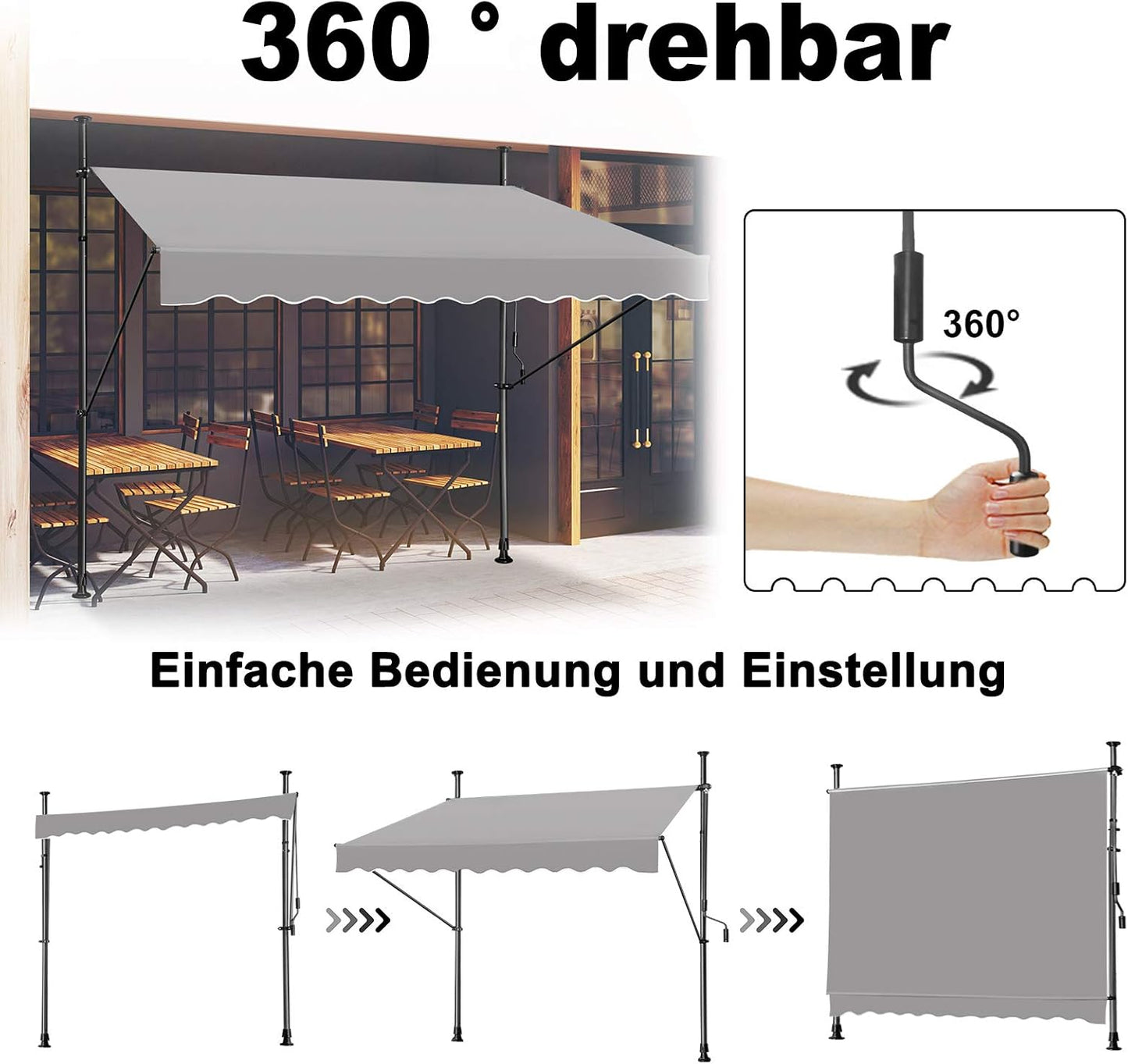 Klemluifel – Zonnescherm – Balkonluifel – Uitschuifbare Luifel – Zonwering – Verstelbare Hoogte 2-3m – UV-bestendig Polyester 350x120 cm - QUORE