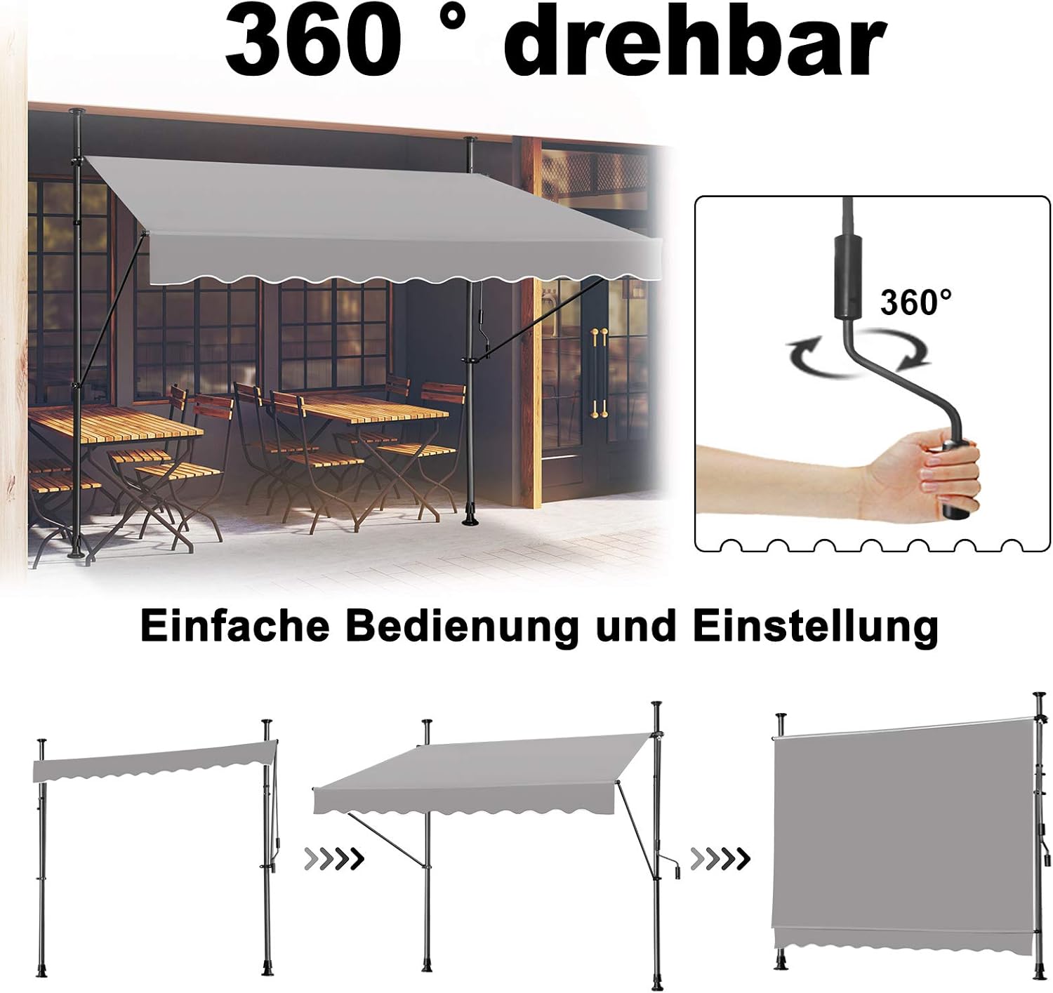 Klemluifel – Zonnescherm – Balkonluifel – Uitschuifbare Luifel – Zonwering – Verstelbare Hoogte 2-3m – UV-bestendig Polyester 350x120 cm - QUORE