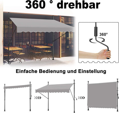Klemluifel – Zonnescherm – Balkonluifel – Uitschuifbare Luifel – Zonwering – Verstelbare Hoogte 2-3m – UV-bestendig Polyester 350x120 cm - QUORE