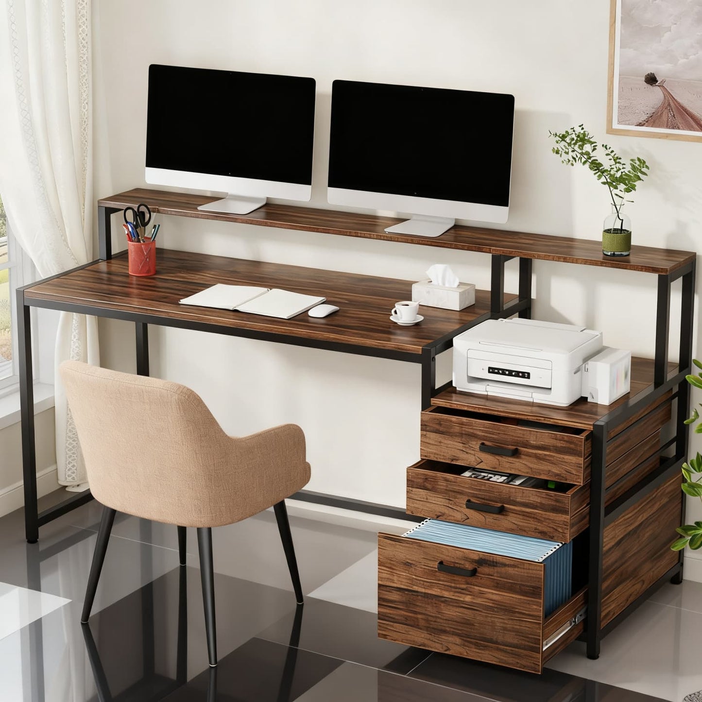 Ergonomisch Bureau – Computertafel – Werkplek Meubel – Bureau Met Opbergruimte – Vintage Bureau Rustiek Bruin – Verhoogde Monitorstandaard – Ruime Werkblad 114,3x50 cm