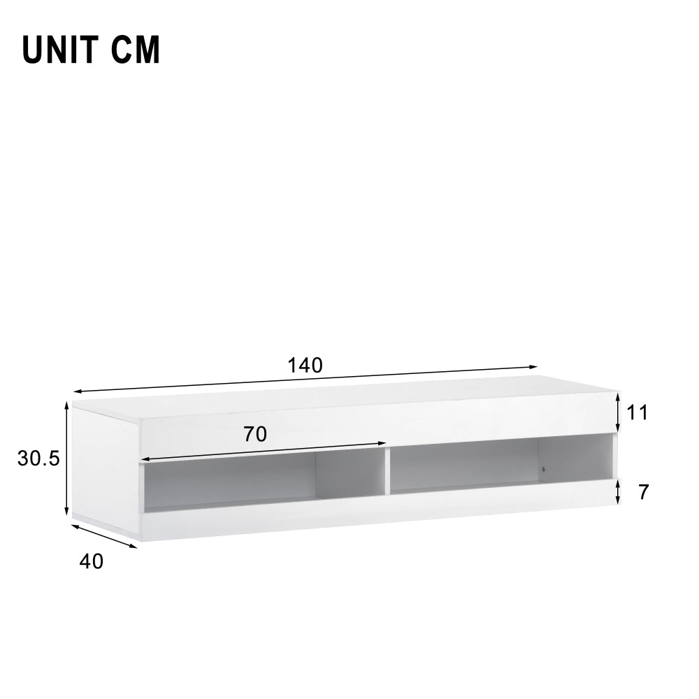 Modern White Low-Profile TV Stand Compatible for TVs - Wall-Mountable Media Console with Ample Storage, Metal Frame, Assembly, Space-Saving (140x40x30.5cm) for Living Room, Apartments & Small Homes -