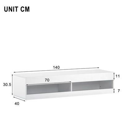 Modern White Low-Profile TV Stand Compatible for TVs - Wall-Mountable Media Console with Ample Storage, Metal Frame, Assembly, Space-Saving (140x40x30.5cm) for Living Room, Apartments & Small Homes -