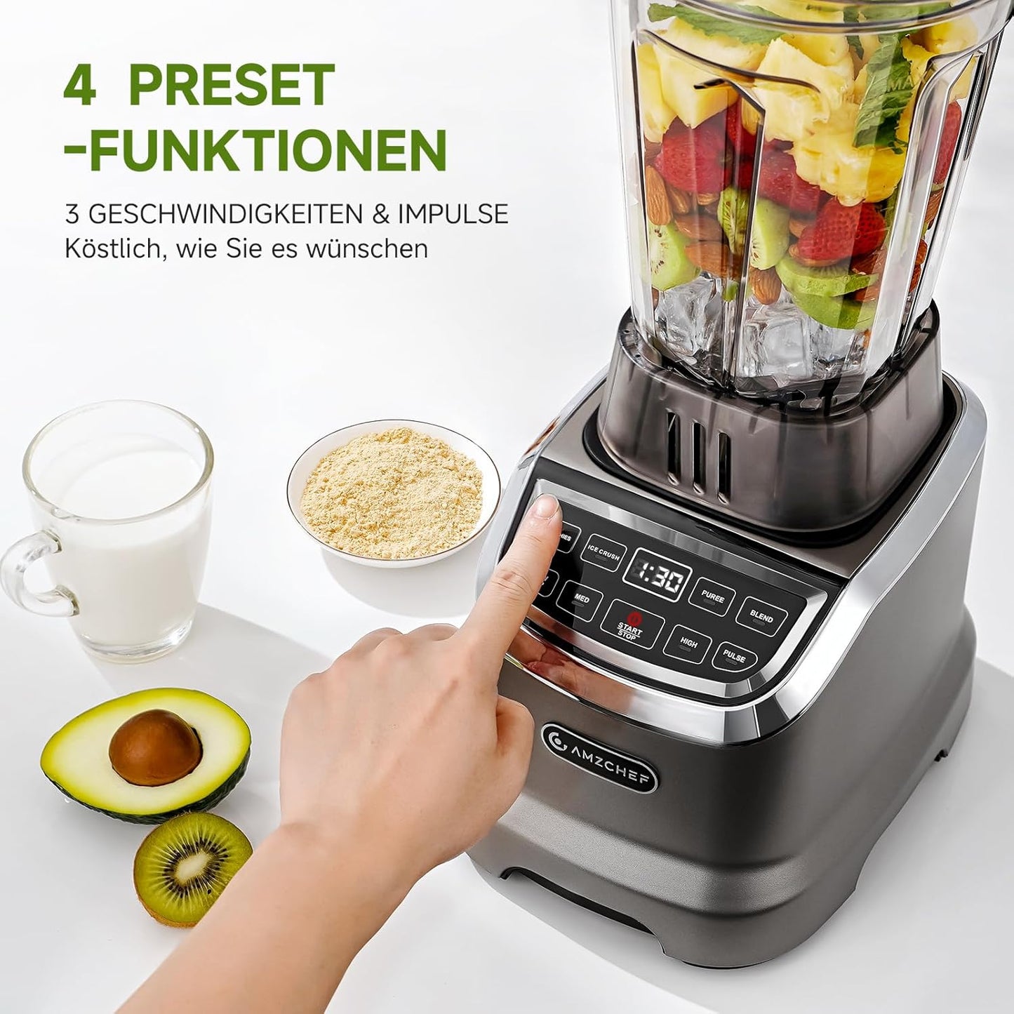AMZCHEF 2-in-1 blender met twee mengcontainers, blender, krachtige mixer 1800 watt, 1,85 liter en 600 ml, smoothiemaker met 6 messen, draagbare bullet mixer van 600 ml met deksel