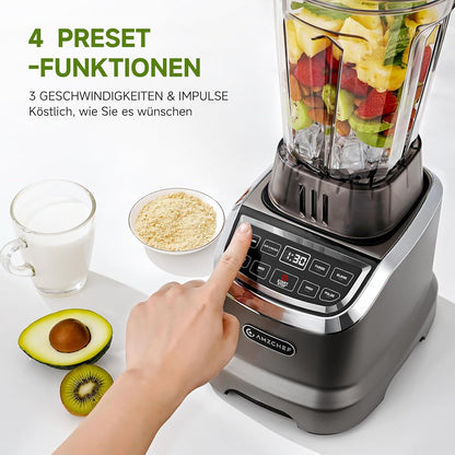 AMZCHEF 2-in-1 blender met twee mengcontainers, blender, krachtige mixer 1800 watt, 1,85 liter en 600 ml, smoothiemaker met 6 messen, draagbare bullet mixer van 600 ml met deksel