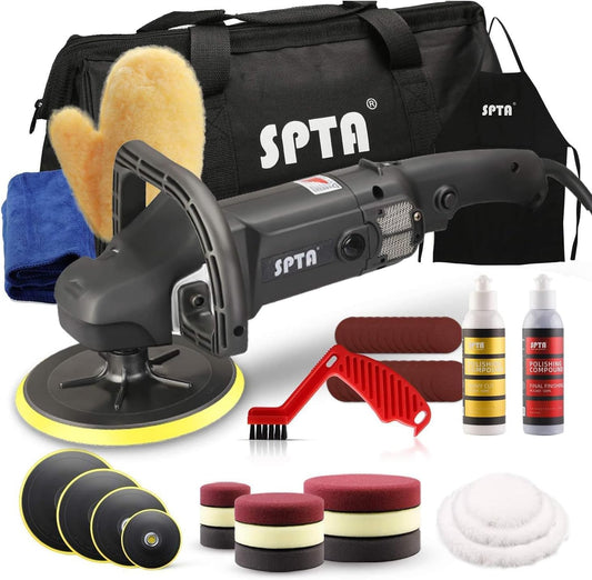 SPTA Polijstmachine, 125 mm/150 mm/180 mm polijstmachine met variabele snelheid, professionele set - slijpmachine 1200 watt + polijstspons accessoireset, polijstschijf, wolschijf voor auto, boot