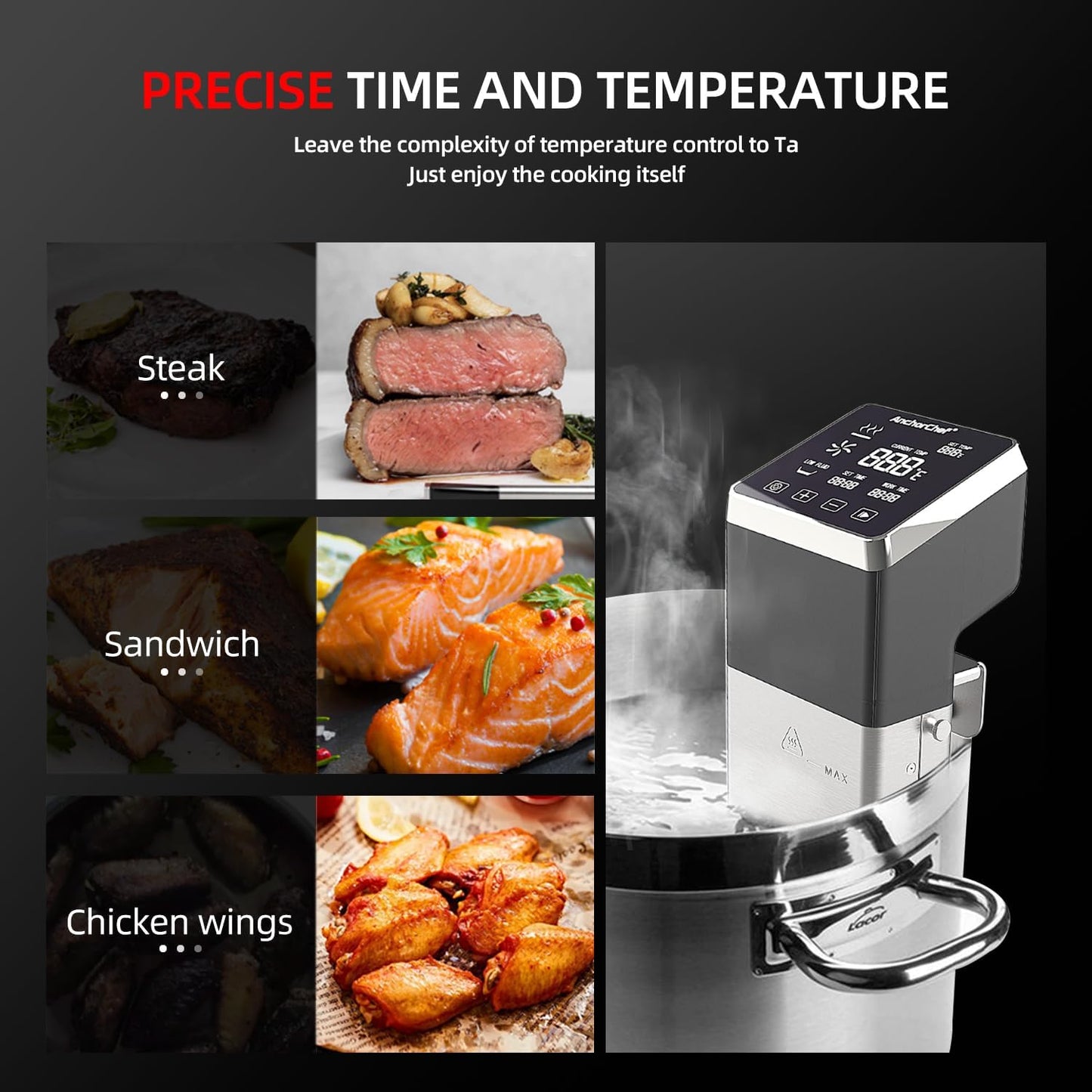 AnchorChef Sous Vide Machine, 1600 W, IPX7, waterdicht, commercieel precisiekoken, snel opwarmen, timer, nauwkeurige temperatuurregeling, koken op lage temperatuur, staal