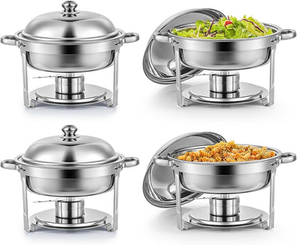 Wilprep Chafing dish rond 5 liter, Buffet set van 4, RVS voedselwarmer kit, Bain Marie Ø 34 cm met brandpasta houders, voor restaurant catering partijen bruiloften picknicks feest