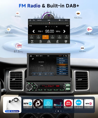 Hodozzy Dab Carplay autoradio, 1 din, draadloos, Android auto, met automatisch display, intrekbaar, 7 inch, autoradio, bluetooth, touchscreen met spiegel/FM/USB/AUX/TF+achteruitrijcamera