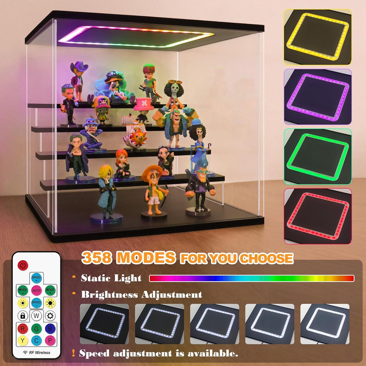 Nonemey Transparante Acryl Vitrinestandaard met Kleurrijk Led Licht,3/4/5/6 Lagen Vitrinekast Stofdichte Organisator Acryl Doos voor Verzamelobjecten Figurines (Zwart, 6Tier-49*30*40 cm)