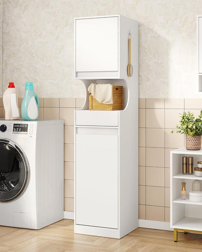 Hzuaneri BC43013X Bathroom Cabinet with Laundry Basket, Laundry Cabinet with 1 Drawer and Open Storage, Bathroom Cabinet with Laundry Collector for Bathroom, Utility Room, 40 x 40 x 174 cm, White