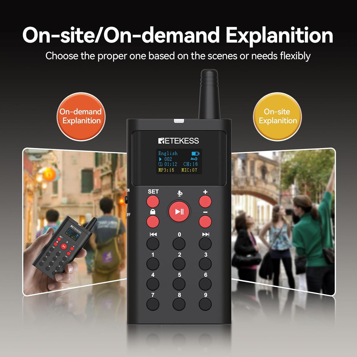 Retekess TT127 Audio Whisper Tour Guide System, Tour Guide System, Uitlegmodus voor Twee Personen, On-Demandfunctie, 200 m, voor Museumtentoonstellingen(1 zenders 10 ontvangers)