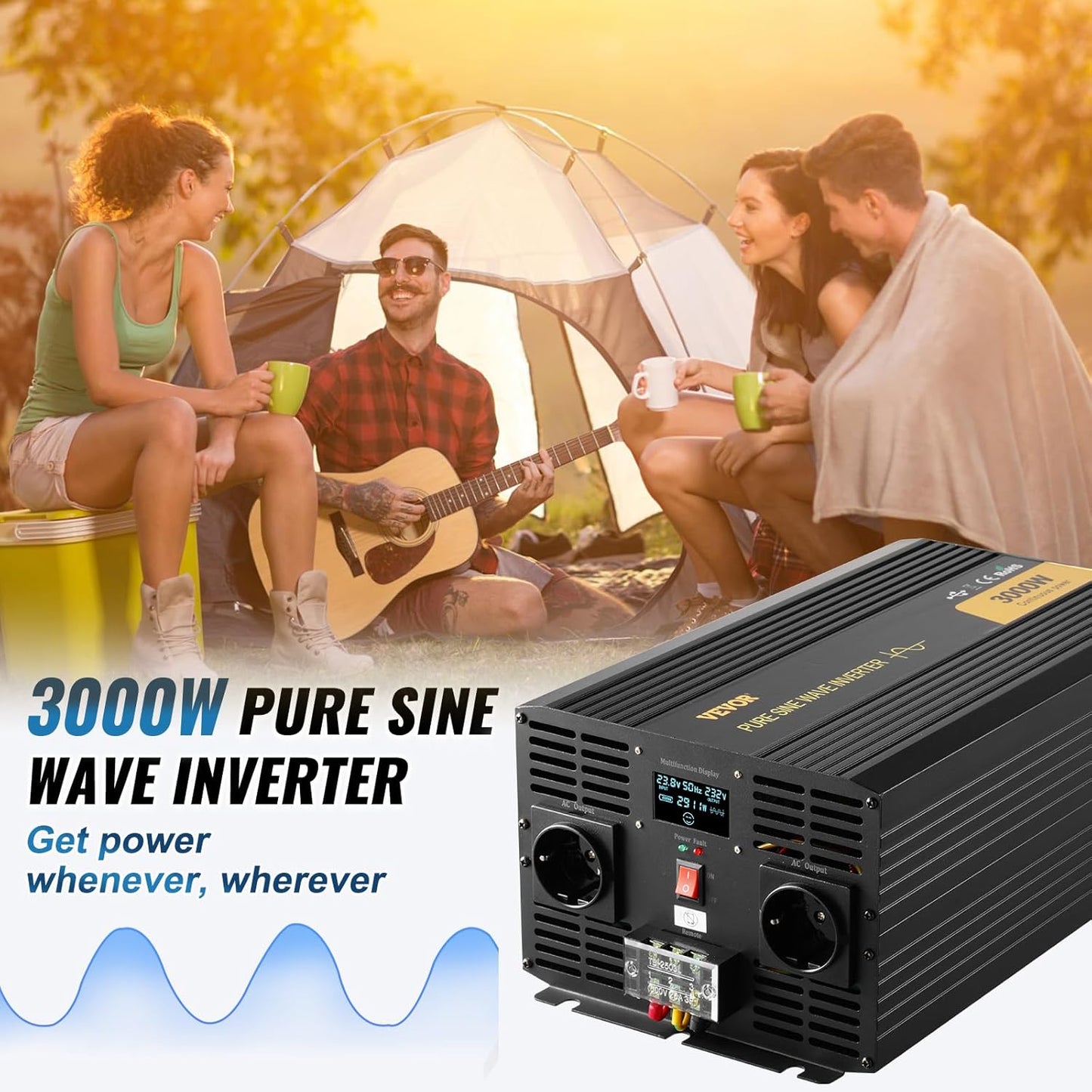 VEVOR Pure sinusomvormer, 3000 W DC 24 V naar AC 230 V, auto-omvormer met lcd-scherm, USB-poort afstandsbediening voor camper, zonne-systeem, reizen, camping
