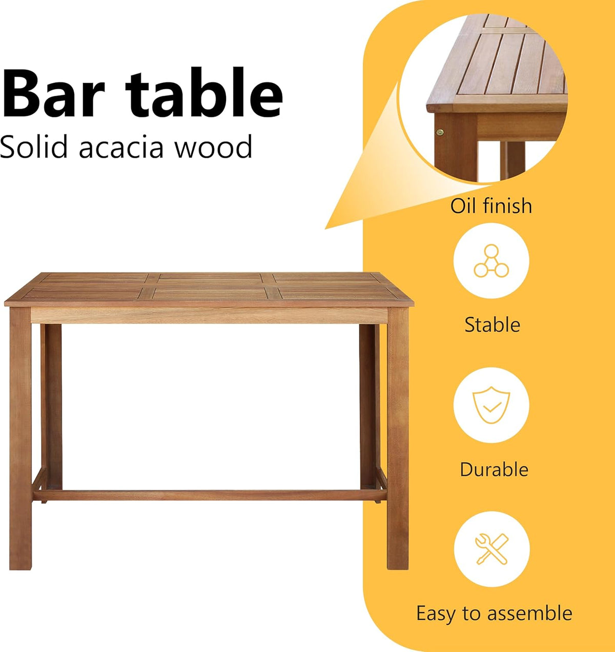 Bartafel – Bartafelset – Keukentafel – Sta-Tafel – Bistrotafel – Massief Acaciahout – 150x70x105 cm – Olieafwerking