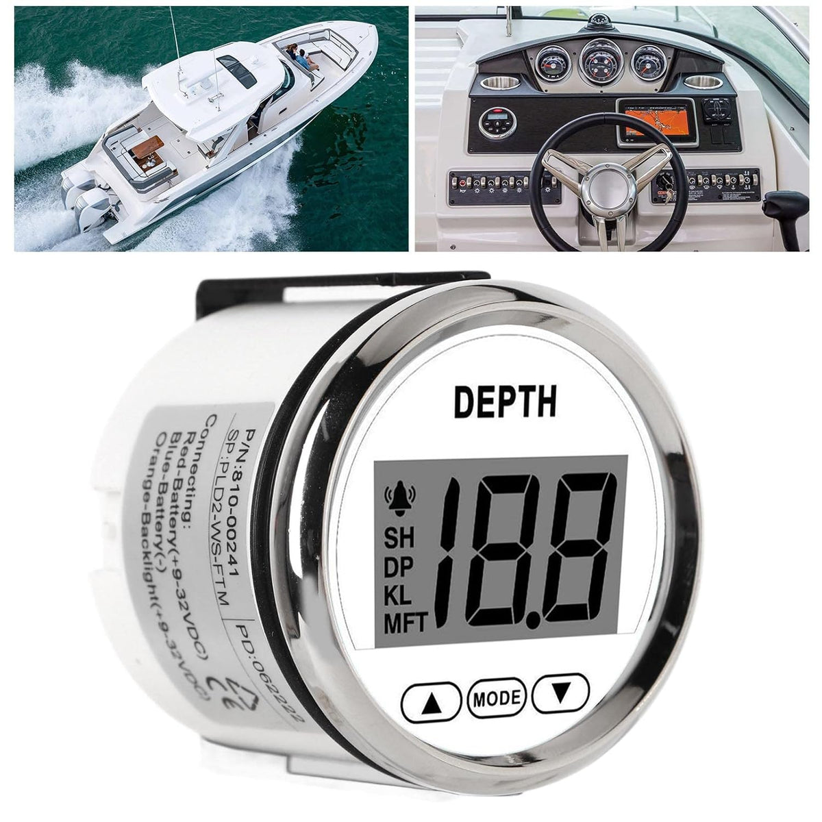 9‑32V Bootdieptemeter, Waterdichte Dash-dieptezoeker-transducer met Witte Achtergrondverlichting voor Jachtboten Boot/jacht onderdelen en accessoires