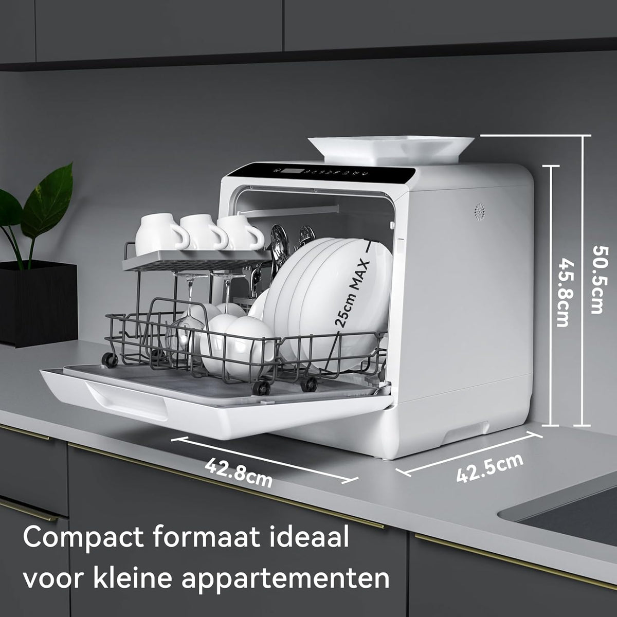 Mini-vaatwasser tafelvaatwasser, te gebruiken met en zonder wateraansluiting, 43 cm breed, plaats voor 4 couverts, te gebruiken op de camping, 175 kWh/jaar, wit