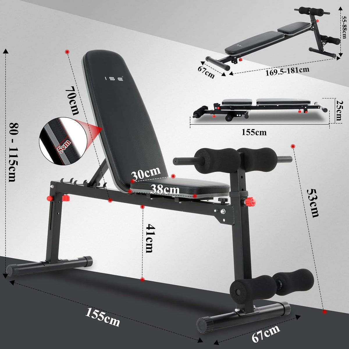ISE Verstelbare trainingsbank, multifunctionele fitnessbank met beensteun, zwart, stalen frame met 5-voudig verstelbare rugleuning, met een capaciteit van 150 kg voor thuis