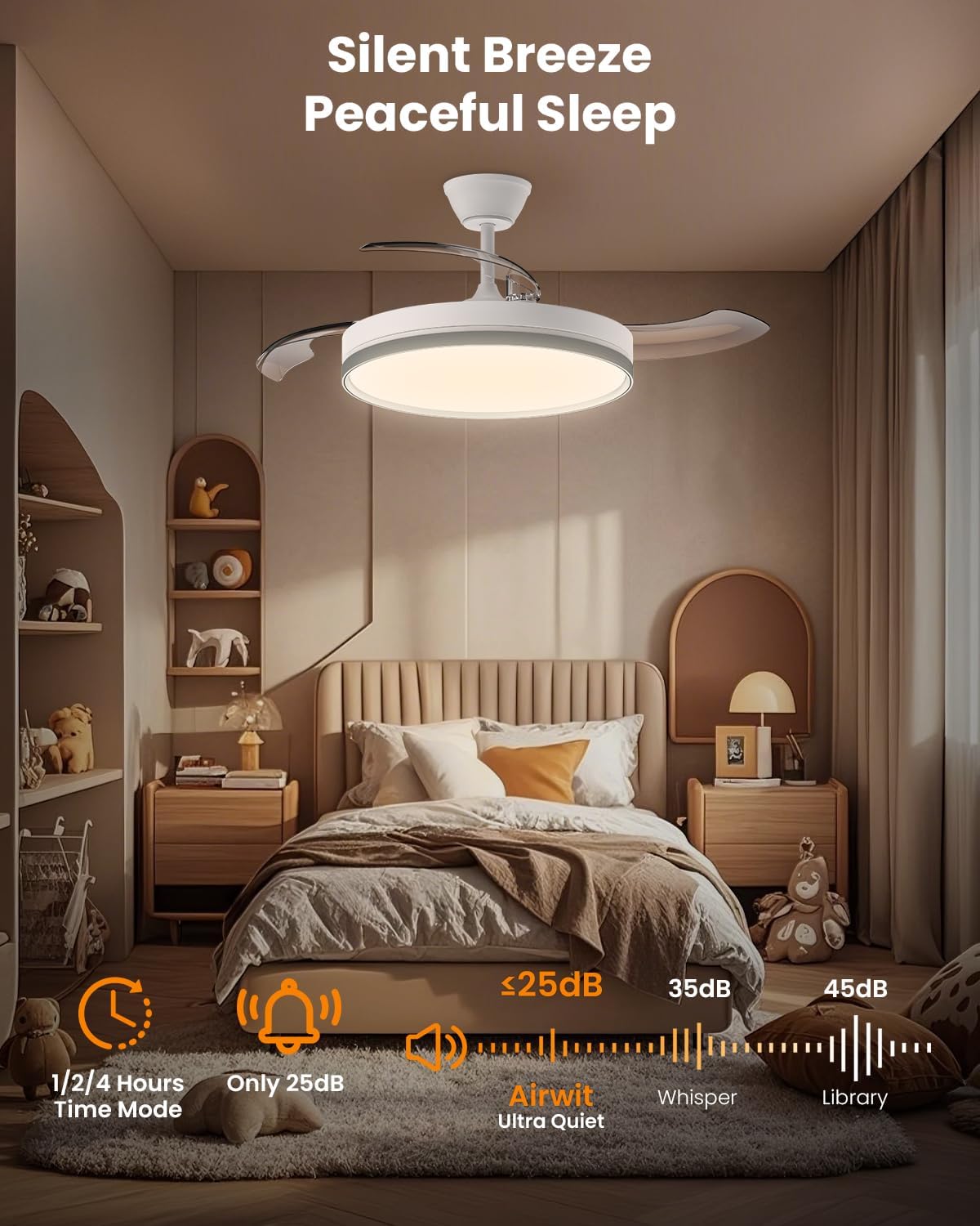 Airwit Intrekbare plafondventilator met verlichting en afstandsbediening, lamp met 3 kleurtemperaturen, stille plafondventilator met licht, DC-motor voor woonkamer, slaapkamer