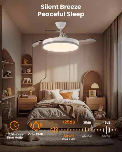 Airwit Intrekbare plafondventilator met verlichting en afstandsbediening, lamp met 3 kleurtemperaturen, stille plafondventilator met licht, DC-motor voor woonkamer, slaapkamer
