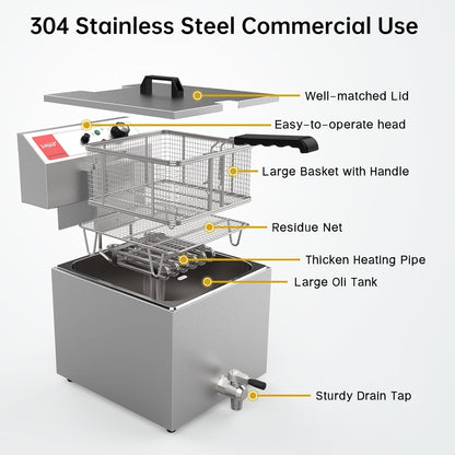 Valgus Professionele elektrische friteuse van roestvrij staal, 3300 W, 16 liter, grote keuken, friteuse met mand en deksel, afvoersysteem