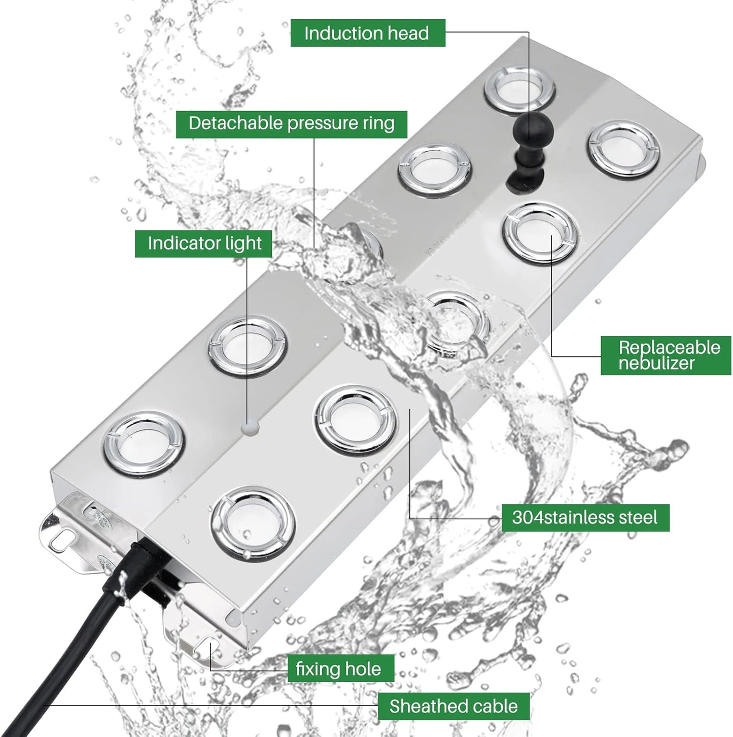 10 kops 7L/H ultrasoon nevelgenerator met 350W waterdicht voedingsapparaat Zwaar nevelgenerator voor binnenplaats, luchtbevochtiger, vijvernevel, voor tuinbouw, kaslandschap