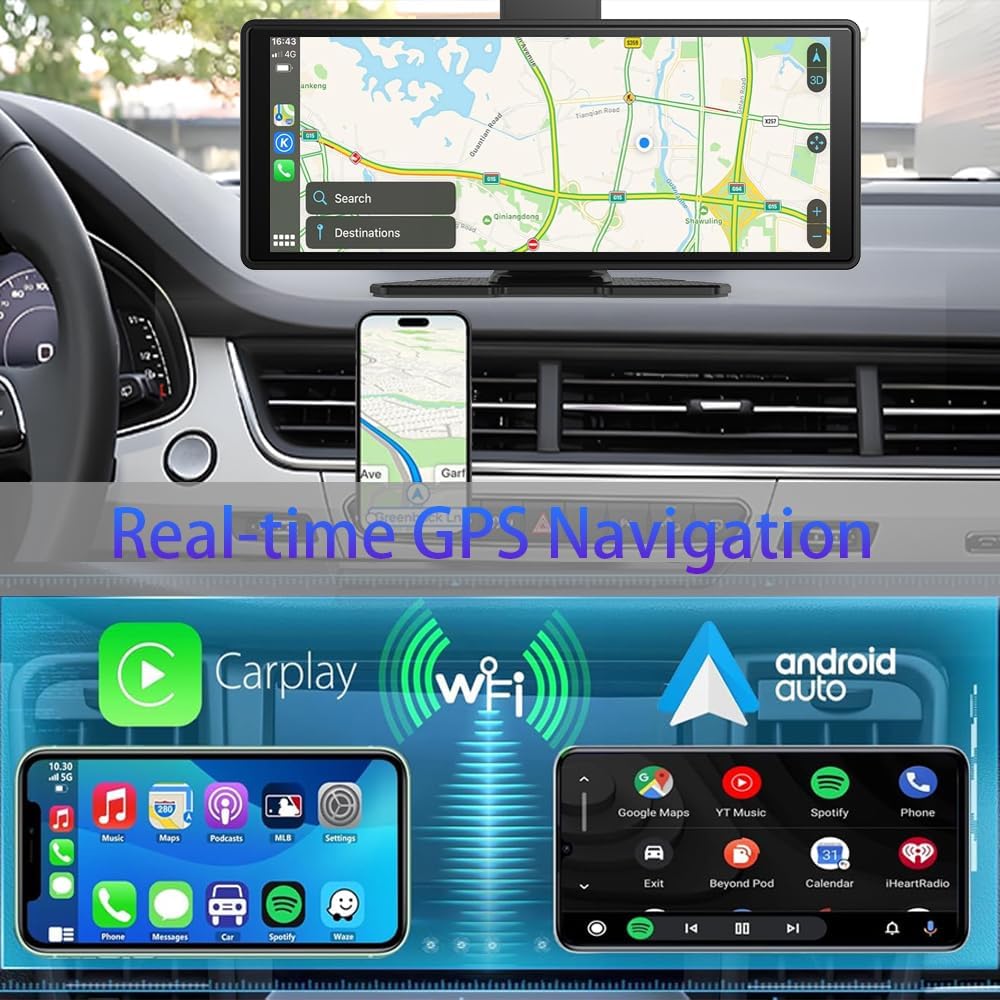 10.26" Wireless Carplay Screen 360 Rotation 4K Dash Cam Carplay/Android Car Car Stereo Car Audio Receiver with 1080p Backup Camera GPS Navigation/Mirror Link/Voice Control/Siri - QUORE