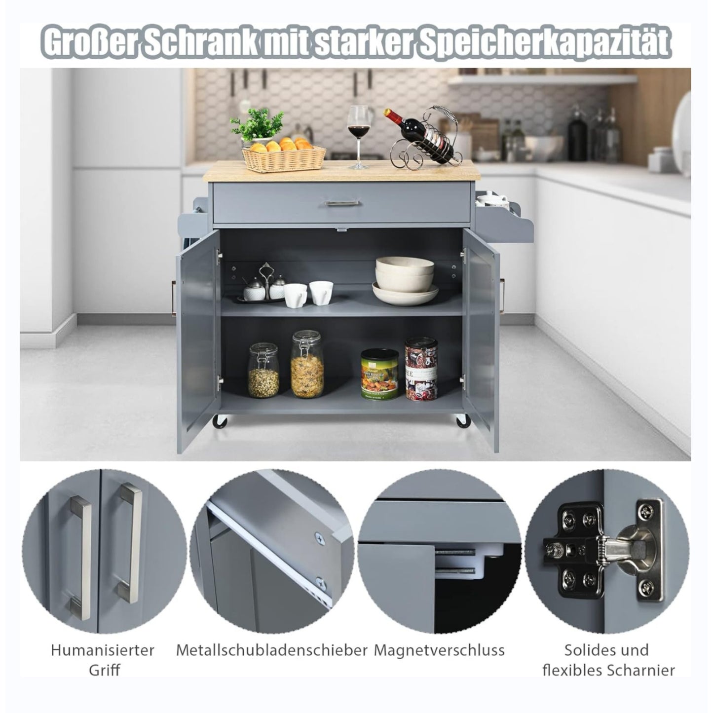 Keukeneiland op Wielen – Keuken Karretje – Opbergtrolley – Keukenwagen – Werktafel – Verstelbare Plank – Groot Opslagvak – Kruidenrek en Handdoekhouder
