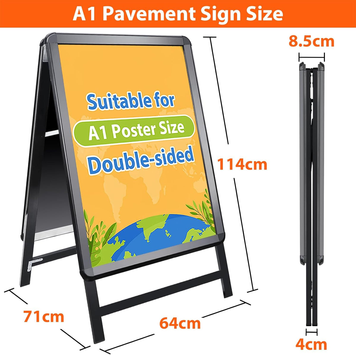 Stoepbord A1 Zwart – A-Bord – Sandwichbord – Reclamebord – Menubord – Dubbelzijdig – Opvouwbaar 9 Cm