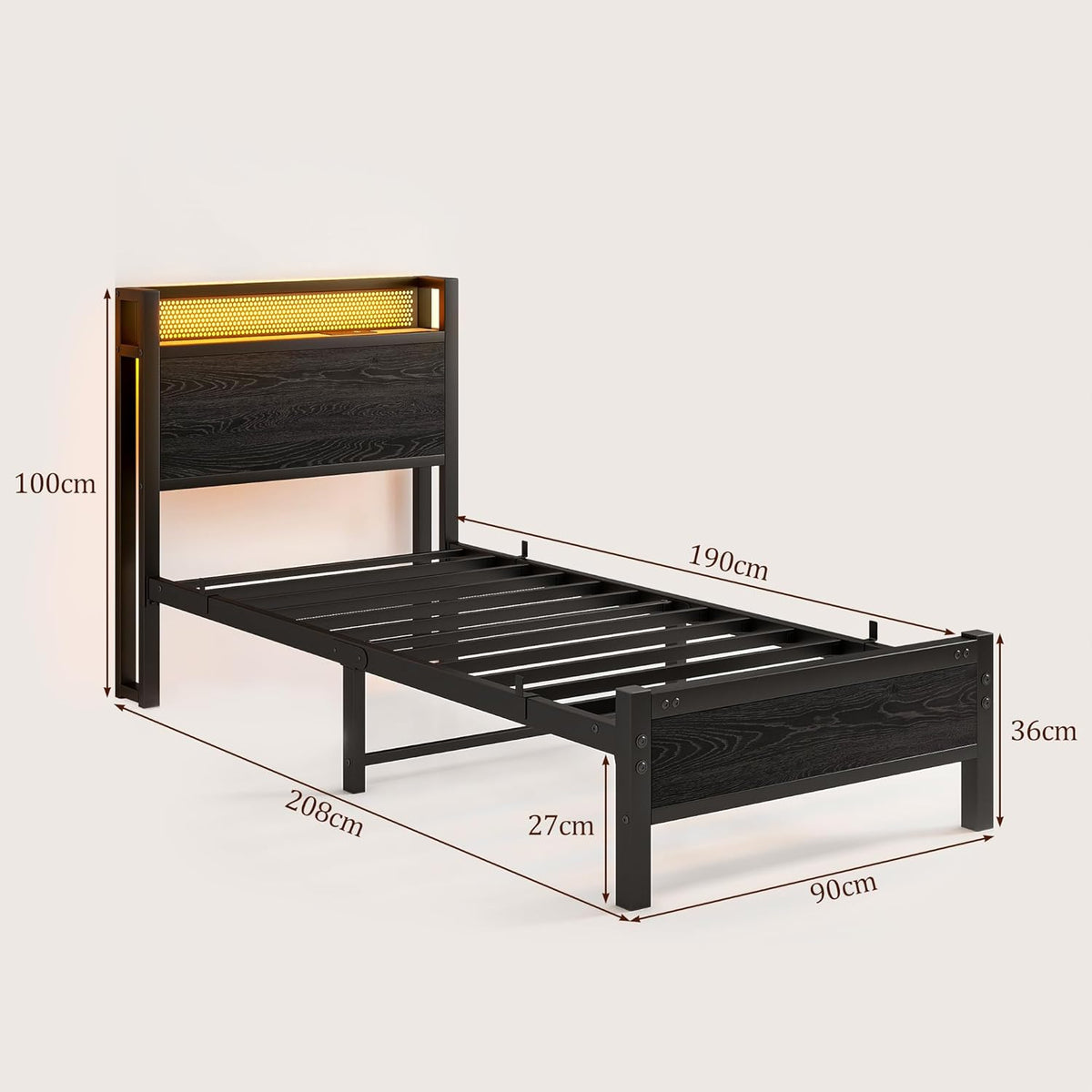 Eenpersoonsbedframe met houten opberghoofdeinde, 90 cm, houten bedframe, eenpersoonsbed met oplaadstation, USB-poorten en ledverlichting, zwart