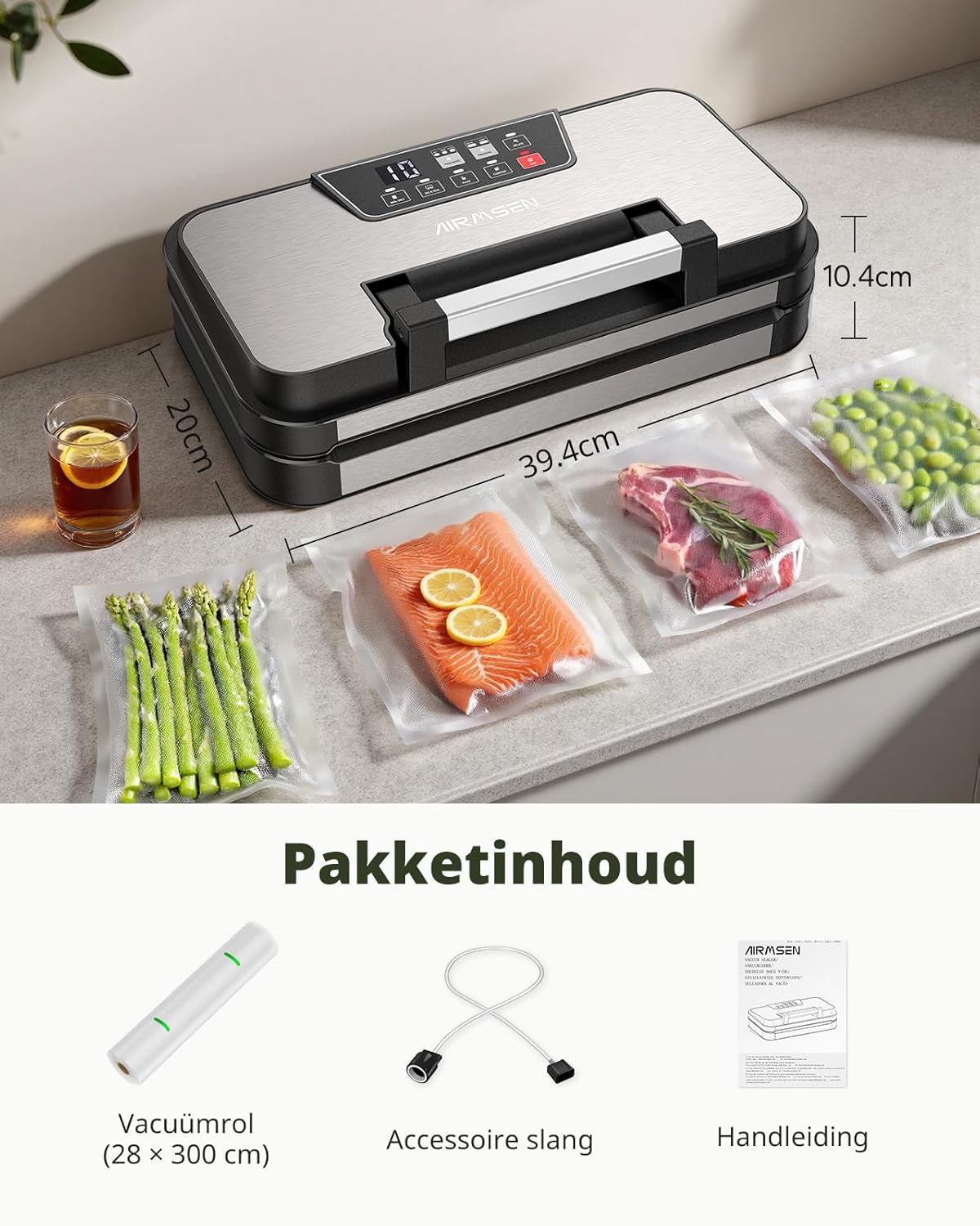 AIRMSEN Vacuümmachine 0,95 bar met Opblaasfunctie – Design met Hendelvergrendeling, Geïntegreerde Snijder & Inclusief 1 Vacuümrol